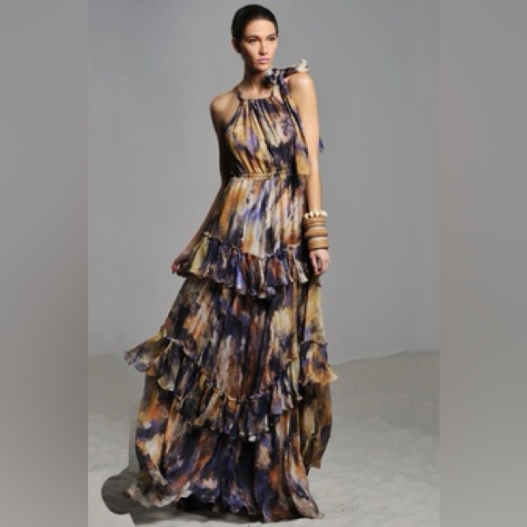 ALEXIS *Harmony* purple yellow gold tiered halter maxi dress gown S *RARE* - Picture 2 of 12